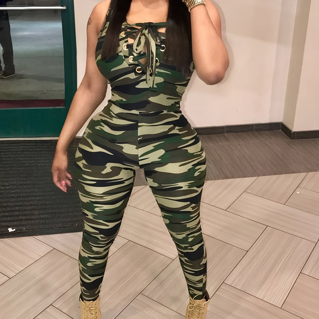 Sleeveless Leopard Print Sexy Jumpsuit, Skinny Camouflage Knitted Jumpsuit, Women's Clothing