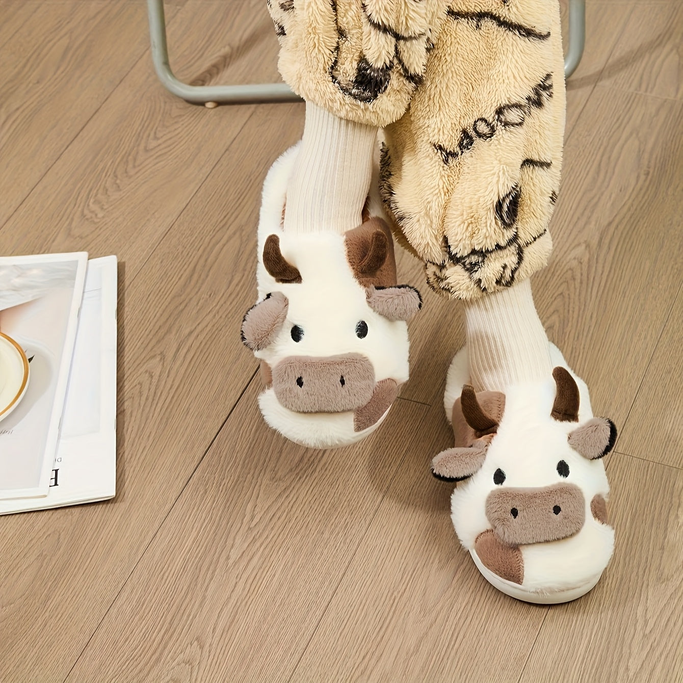Cozy Home Cute Cartoon Cow Plush Half- Slippers, Couple Matching Style, Thickened and Warm, Women Shoes