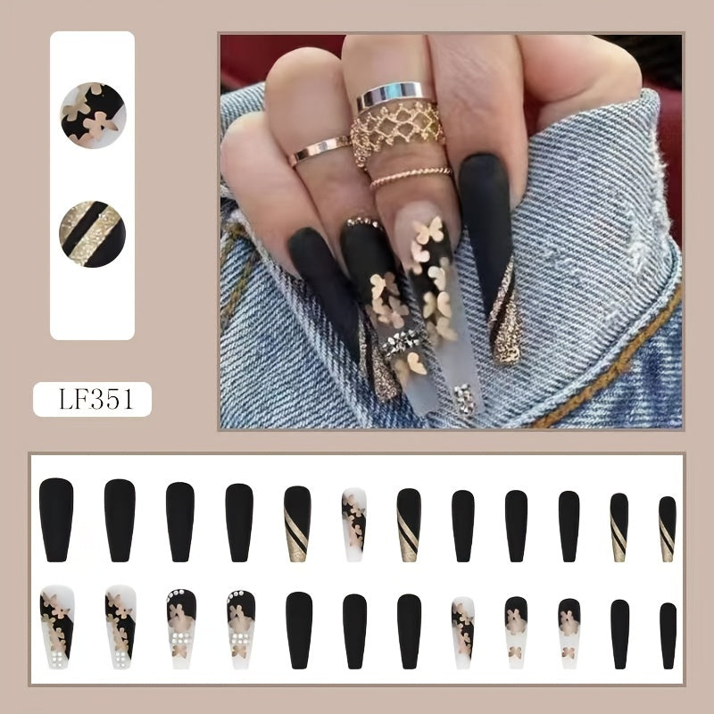 Lirches 24pcs Press-On Nails, Hot Golden Butterfly Fake Nails, Pre-made Matte Golden Glitter Wearable Nail Tips, Light Luxury Rhinestone Style, Instagram-Inspired Manicure Nail Stickers, Includes Jelly Glue + Nail File