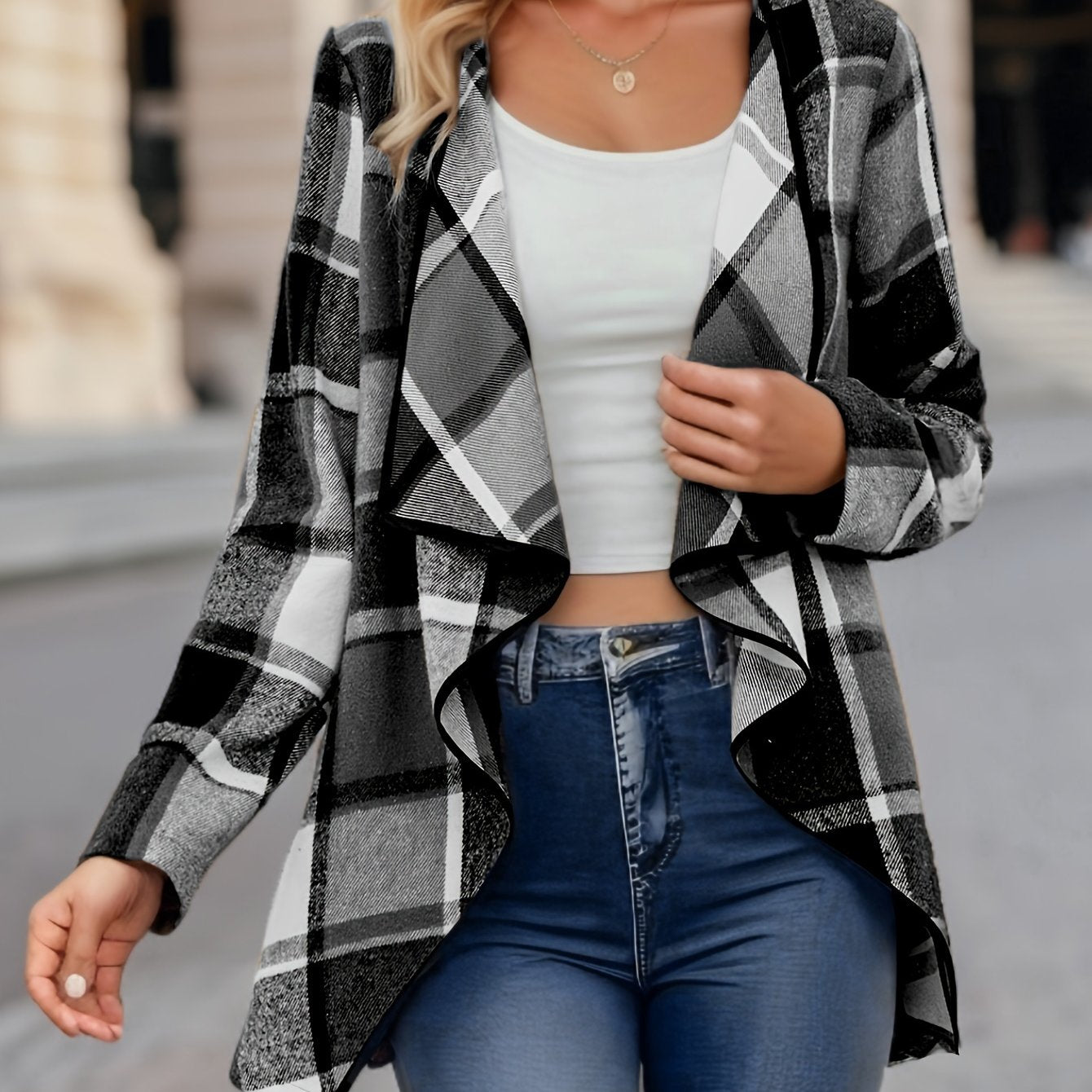 Women'S Cozy Khaki Plaid Trench Coat - Long Sleeve, Button-Up, Loose Fit, Warm Fall & Winter Outerwear with Black & White Checkered Pattern, Perfect for Casual or Stylish Outfits, Casual Winter Wear | Checkered Pattern Coat |