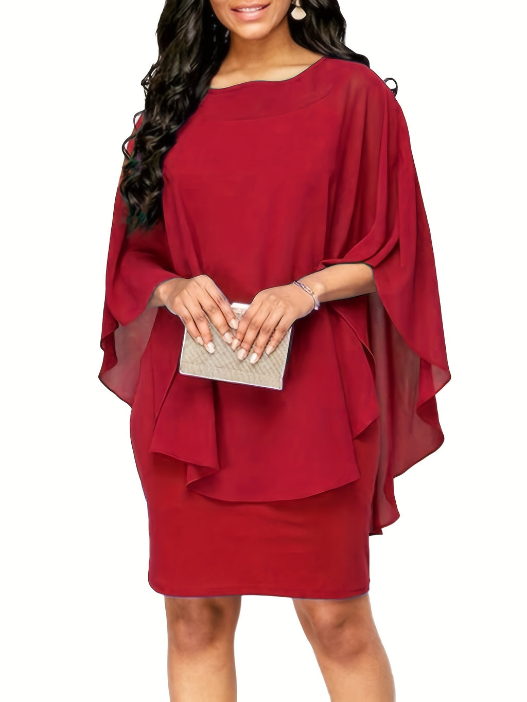 Plus Size, Plus Size Women's Classic Solid Color Cover-Up 2-in-1 Chiffon Dress