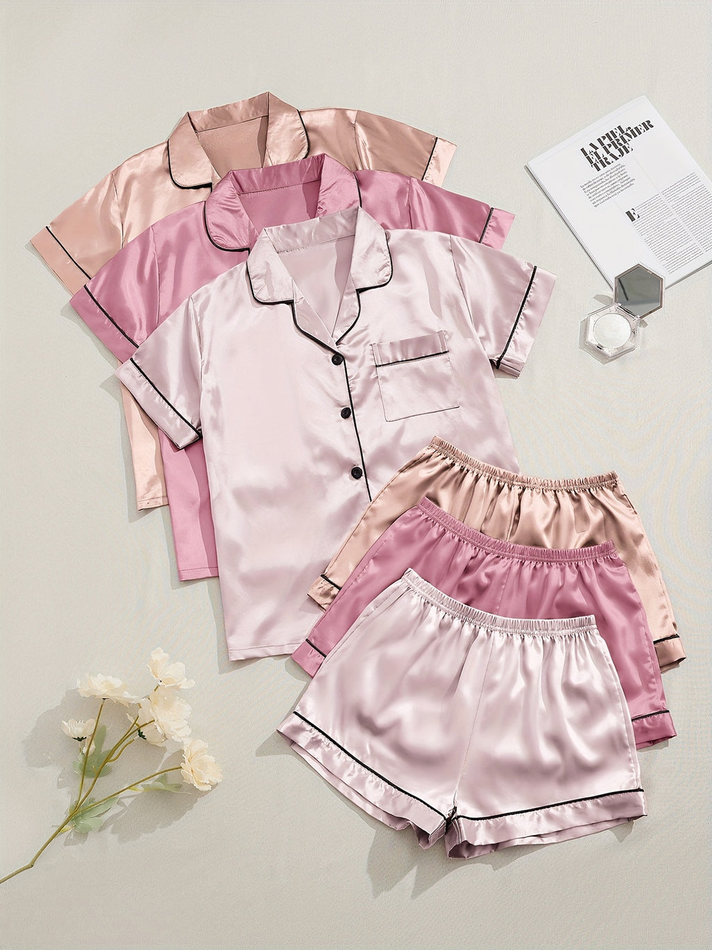 [Three Suits] Multicolor Variety of Short-sleeved Shorts Solid Color Imitation Y Satin PJ Set Women's Two-piece Suit