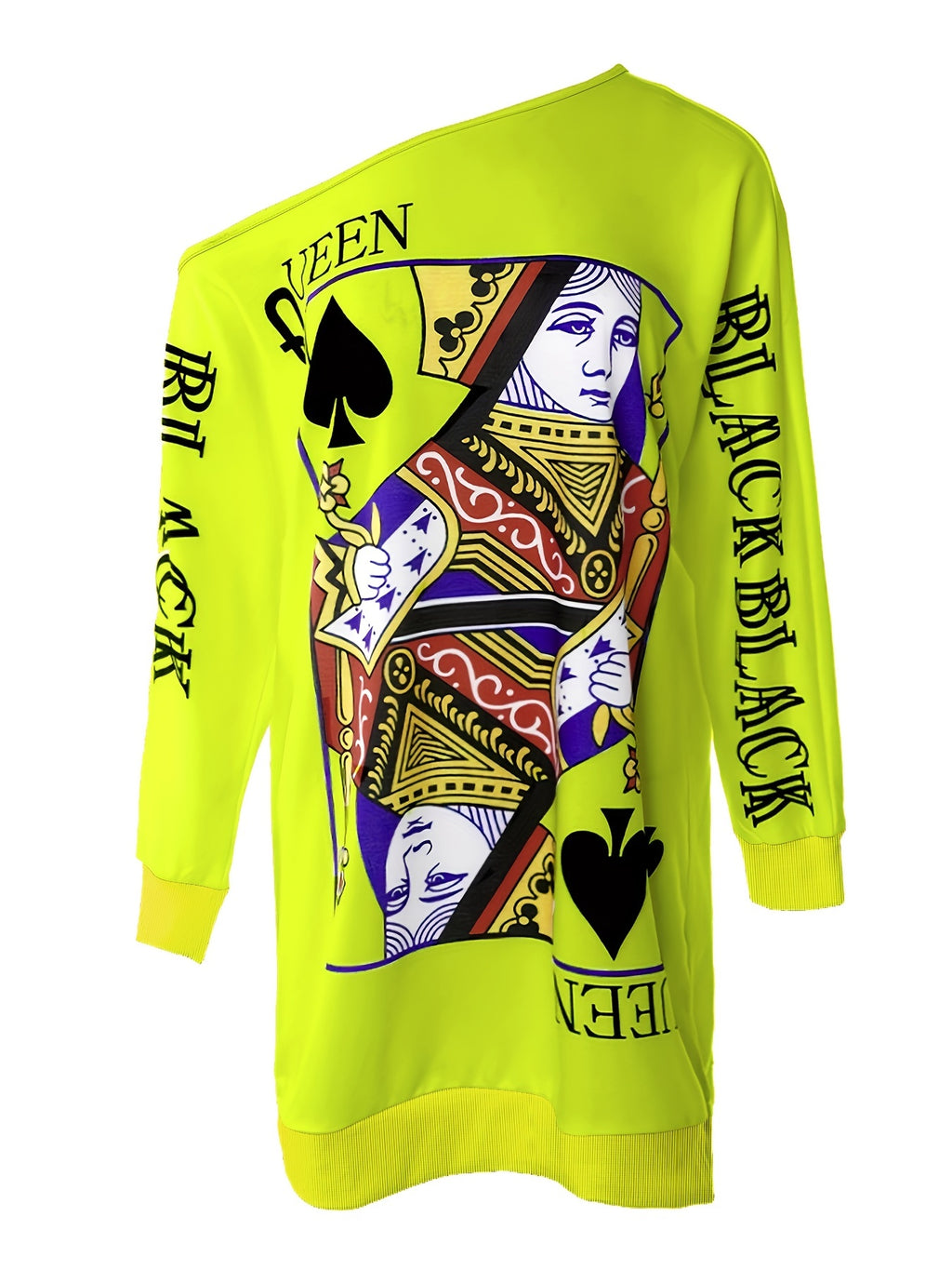 Queens Gambit - Slant Shoulder Poker Print Long Sleeve Dress - Fashionable Casual Style for Autumn & Spring - Womens Clothing Wardrobe Staple
