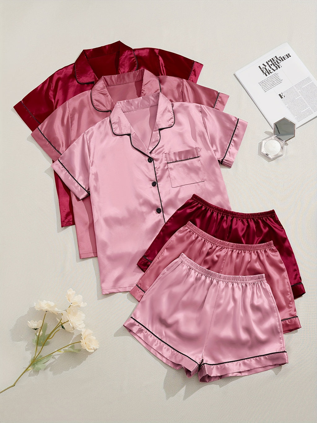 [Three Suits] Multicolor Variety of Short-sleeved Shorts Solid Color Imitation Y Satin PJ Set Women's Two-piece Suit