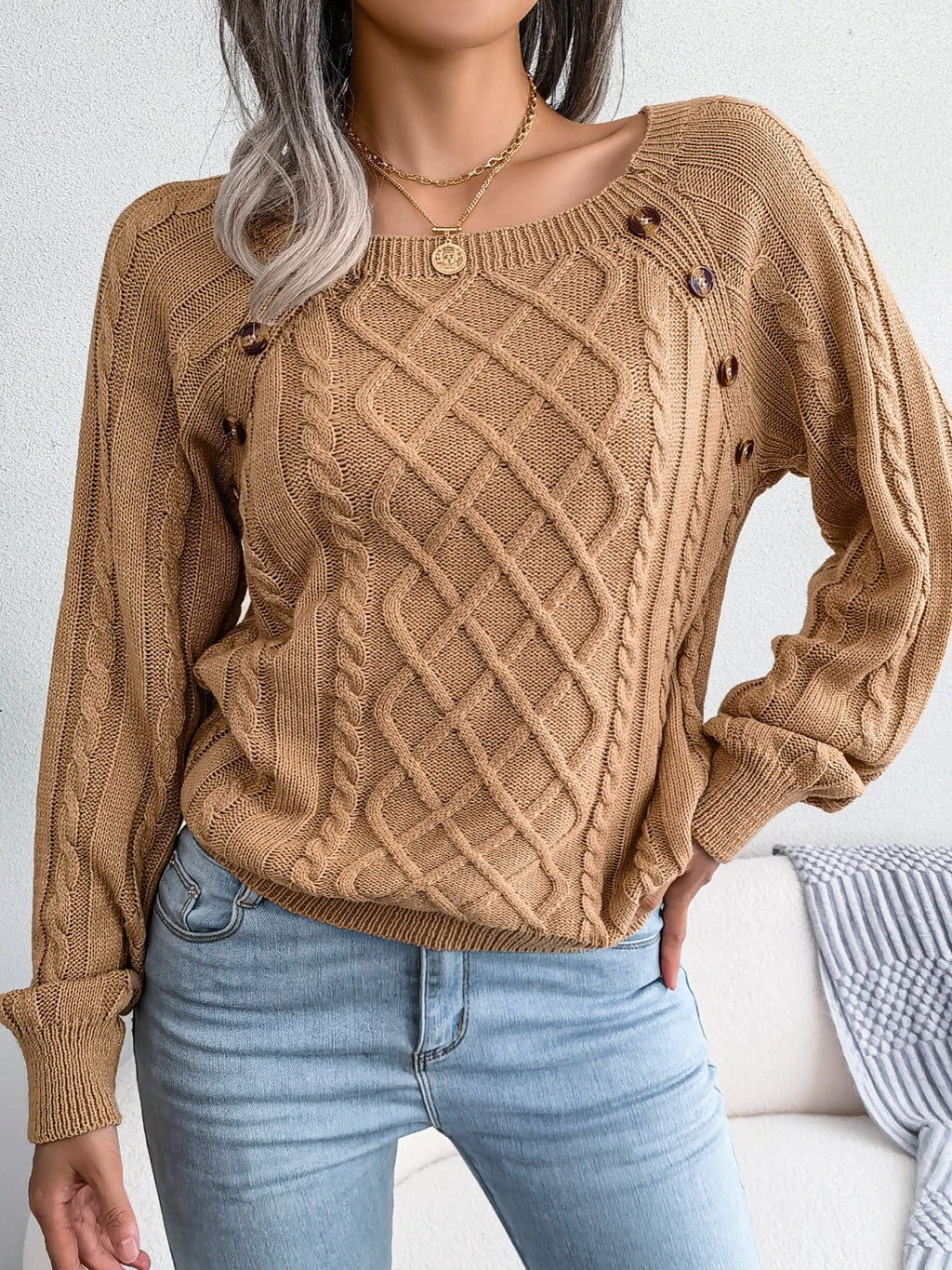 Autumn/Winter European and American Casual Solid Color Square Neck Button Twist Long Sleeve Pullover Sweater