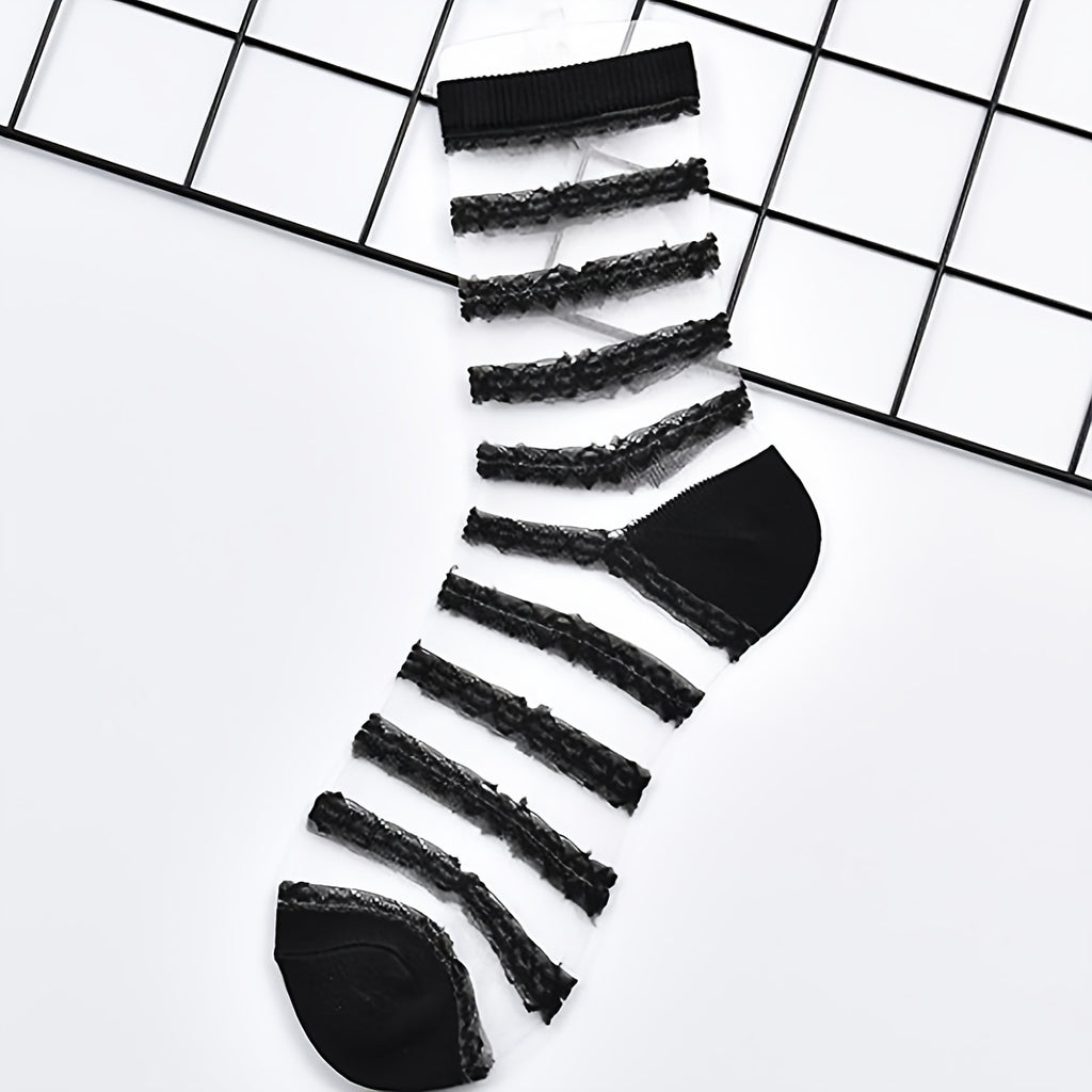 5 Pairs Lace Semi-Sheer Crew Socks, Cute & Comfortable Mesh Stockings, Women's Socks & Hosiery