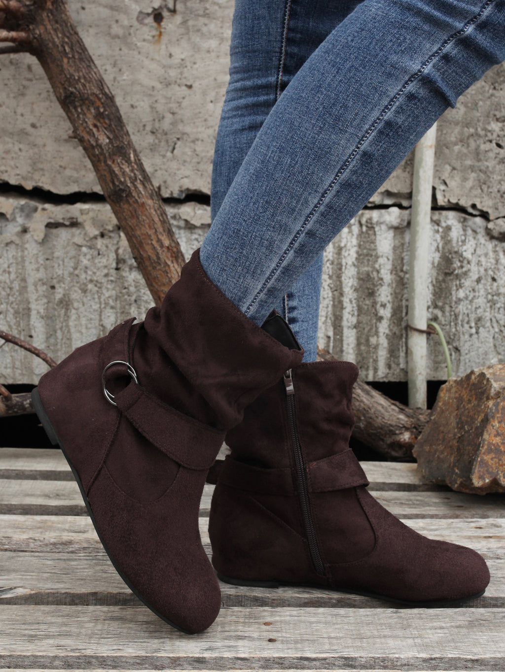 1.18inch Inner Height Increase Women's Short Boots with Flat Sole, Buckle Closure, Comfortable, Warm, and Lightweight, Women Shoes