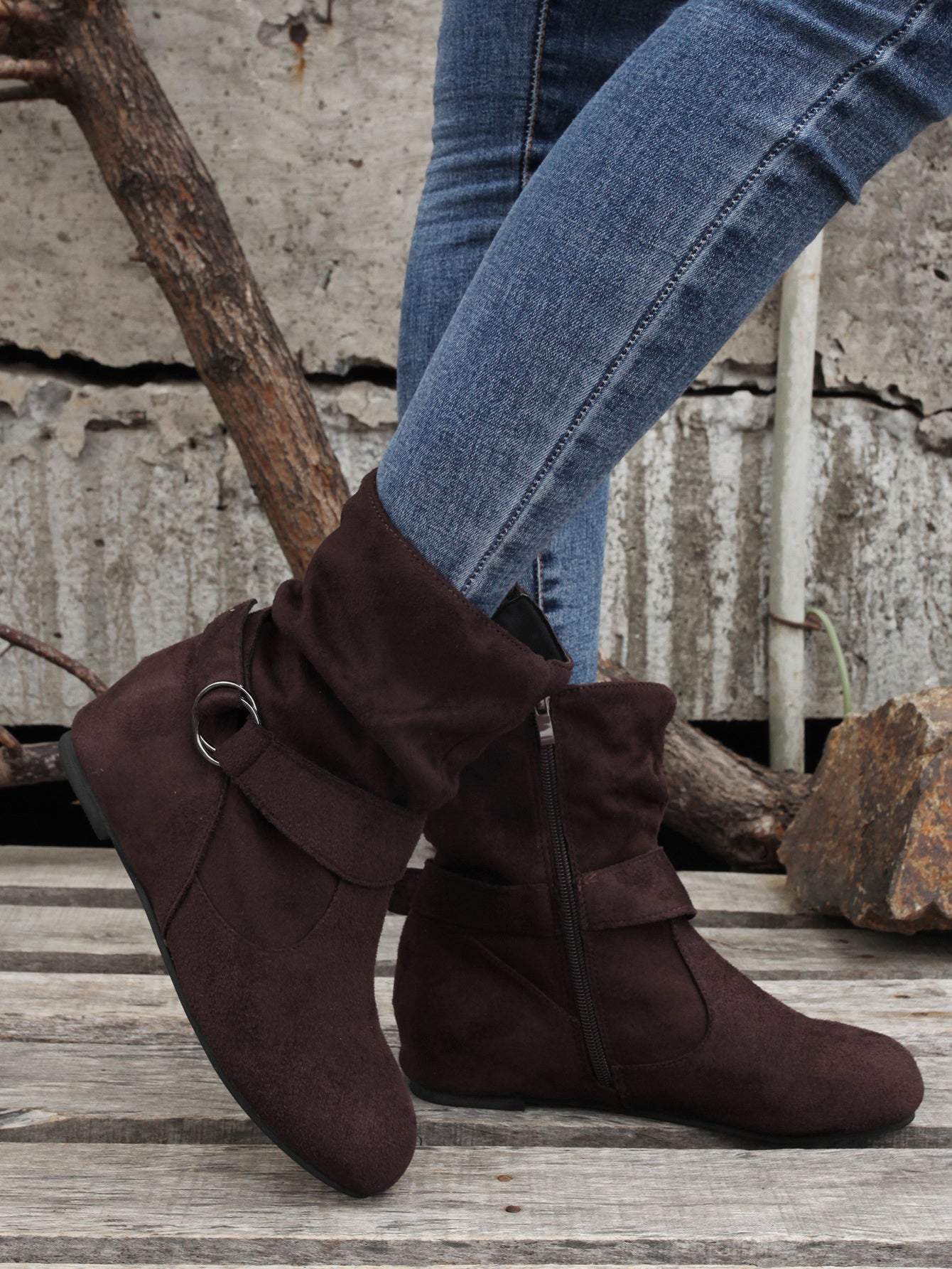 1.18inch Inner Height Increase Women's Short Boots with Flat Sole, Buckle Closure, Comfortable, Warm, and Lightweight, Women Shoes