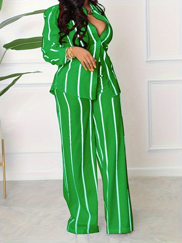 Striped Print Two-piece Set, Button Front Collar Long Sleeve Shirt & High Waist Wide Leg Loose Pants Set, Women's Clothing