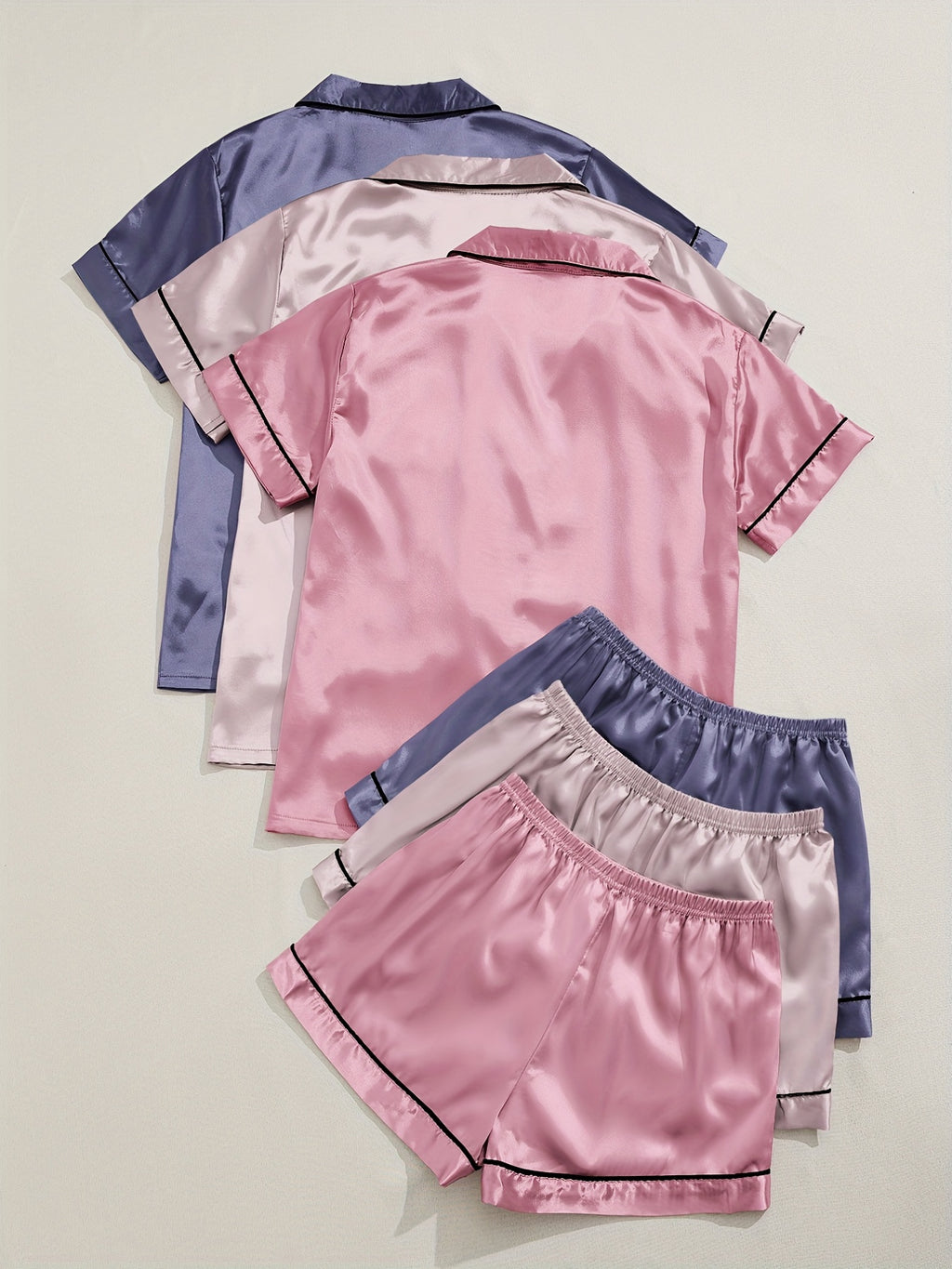 [Three Suits] Multicolor Variety of Short-sleeved Shorts Solid Color Imitation Y Satin PJ Set Women's Two-piece Suit