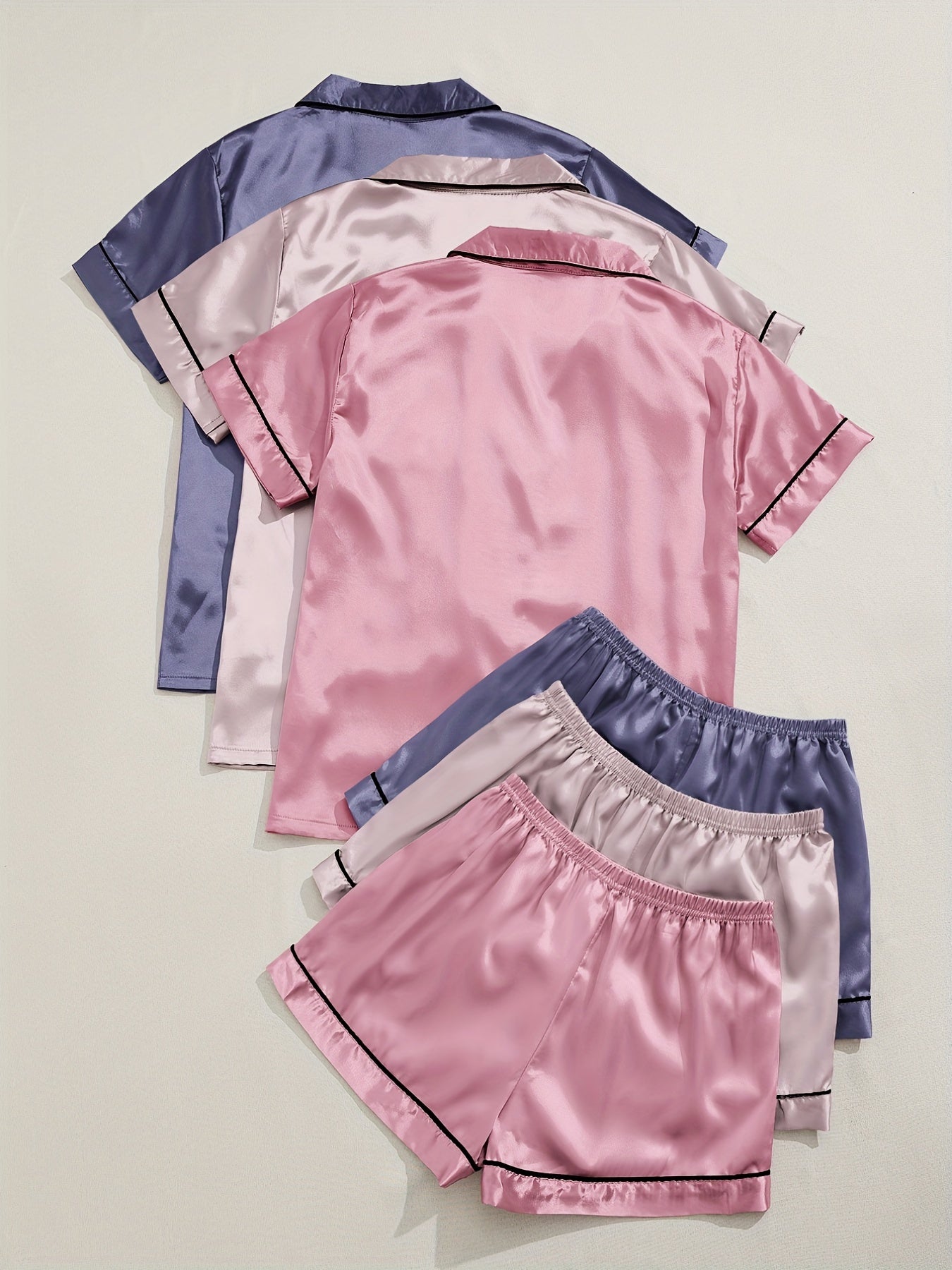 [Three Suits] Multicolor Variety of Short-sleeved Shorts Solid Color Imitation Y Satin PJ Set Women's Two-piece Suit