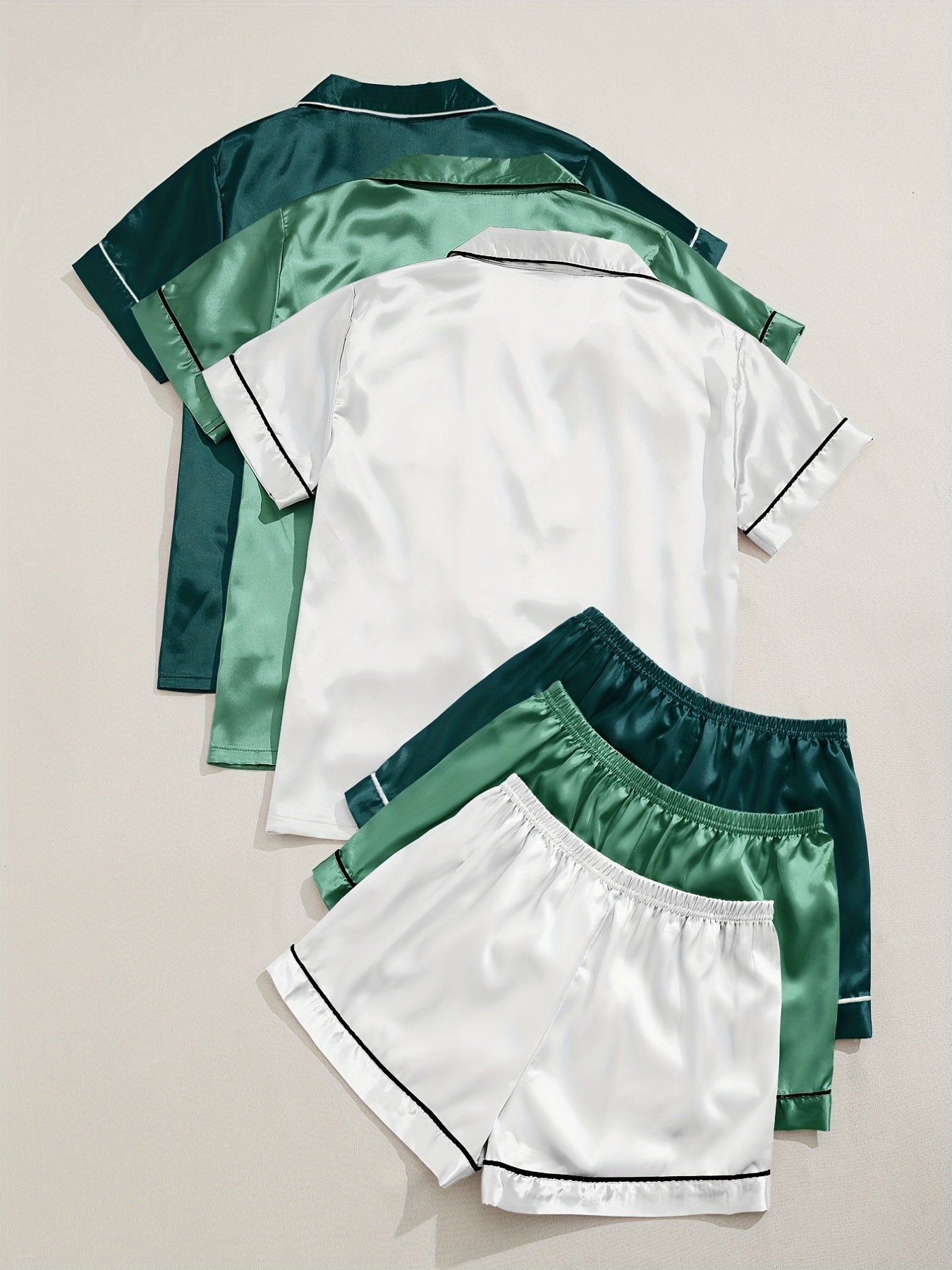 [Three Suits] Multicolor Variety of Short-sleeved Shorts Solid Color Imitation Y Satin PJ Set Women's Two-piece Suit