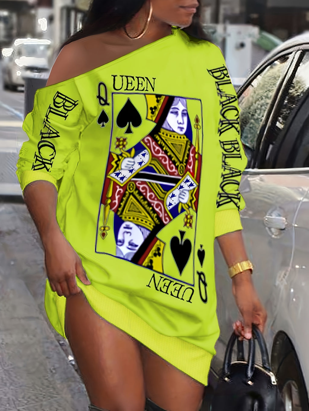 Queens Gambit - Slant Shoulder Poker Print Long Sleeve Dress - Fashionable Casual Style for Autumn & Spring - Womens Clothing Wardrobe Staple