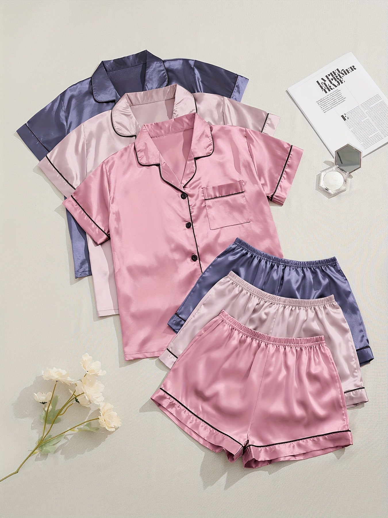 [Three Suits] Multicolor Variety of Short-sleeved Shorts Solid Color Imitation Y Satin PJ Set Women's Two-piece Suit