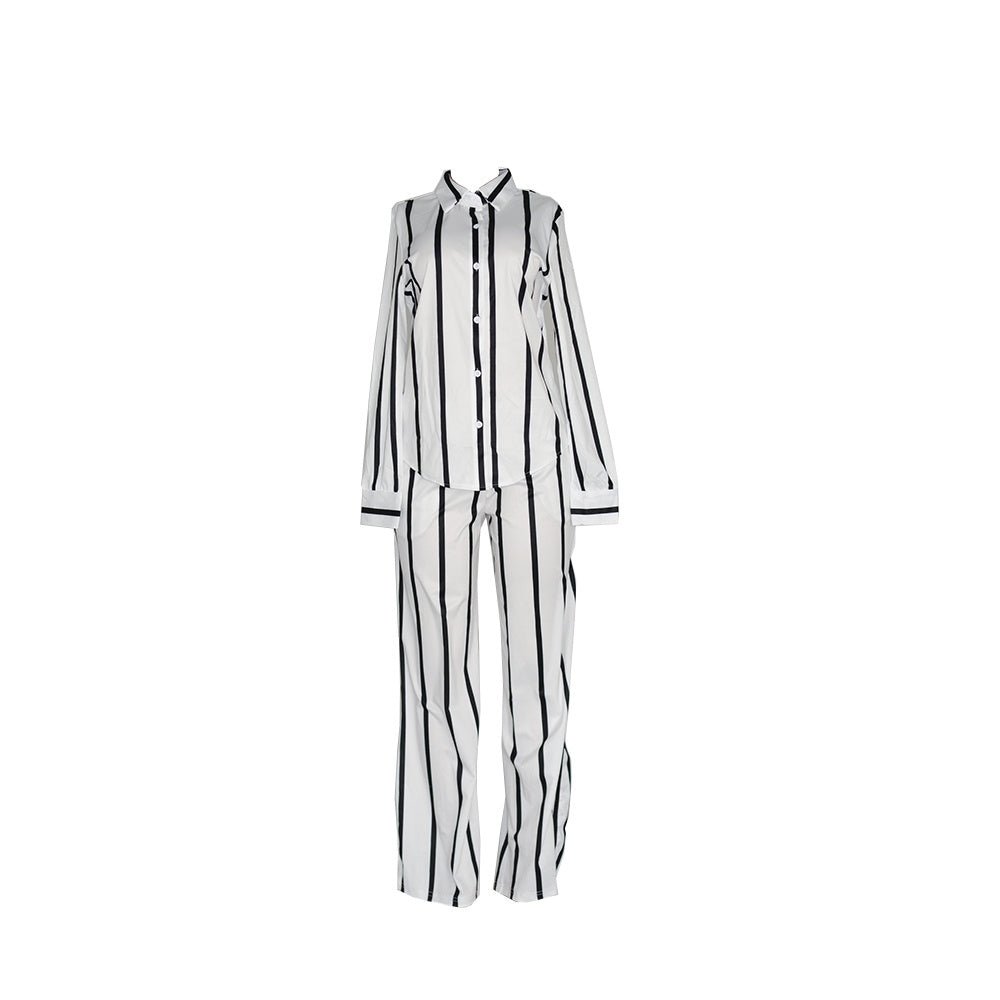 Striped Print Two-piece Set, Button Front Collar Long Sleeve Shirt & High Waist Wide Leg Loose Pants Set, Women's Clothing