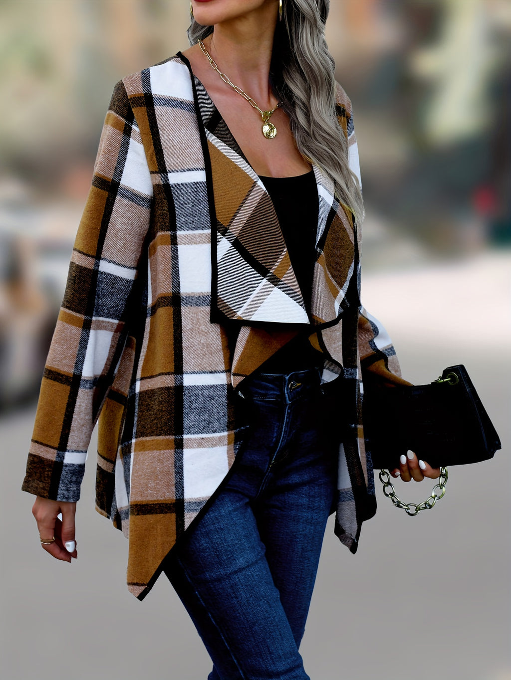 Women'S Cozy Khaki Plaid Trench Coat - Long Sleeve, Button-Up, Loose Fit, Warm Fall & Winter Outerwear with Black & White Checkered Pattern, Perfect for Casual or Stylish Outfits, Casual Winter Wear | Checkered Pattern Coat |