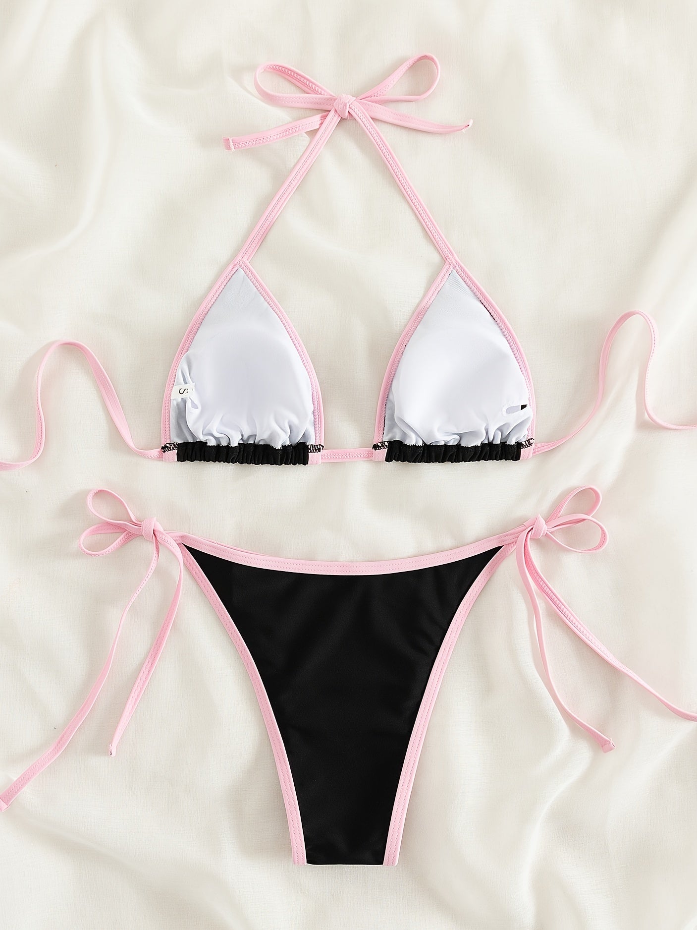 Contrast Trim Tie Side 2 Piece Bikini Swimsuit, Triangle Halter Tie Back Neck Stretchy Beachwear, Cute & Sexy, Women's Swimwear & Clothing