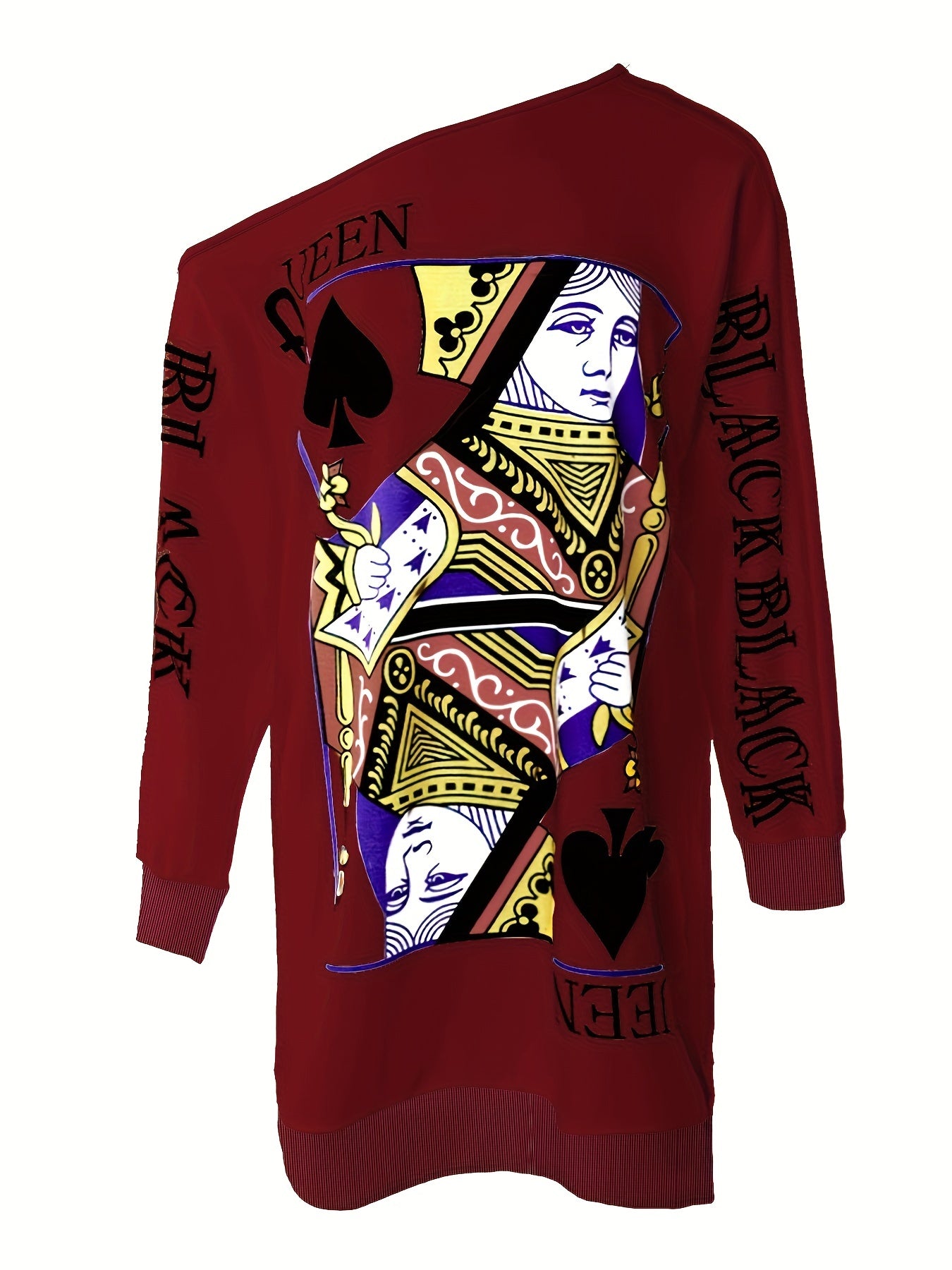 Queens Gambit - Slant Shoulder Poker Print Long Sleeve Dress - Fashionable Casual Style for Autumn & Spring - Womens Clothing Wardrobe Staple