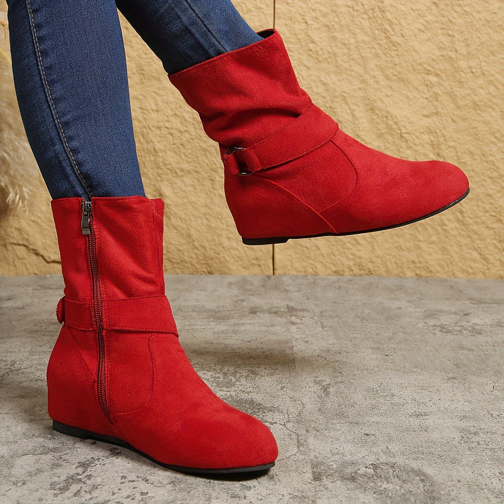 1.18inch Inner Height Increase Women's Short Boots with Flat Sole, Buckle Closure, Comfortable, Warm, and Lightweight, Women Shoes