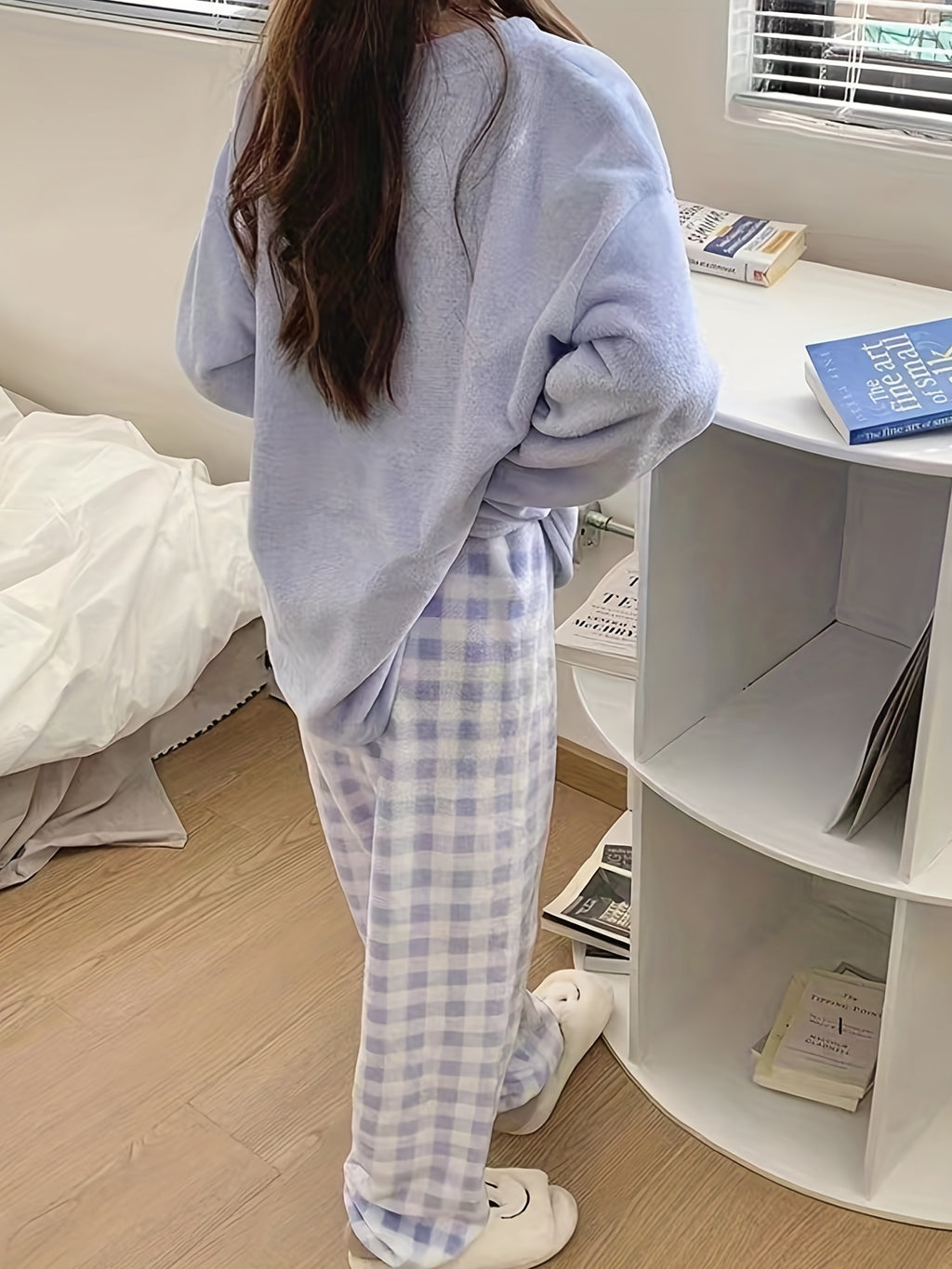 Winter Warm Velvet Pajama Set, Plaid Pattern Pajama, Solid Color Casual Home Wear Set