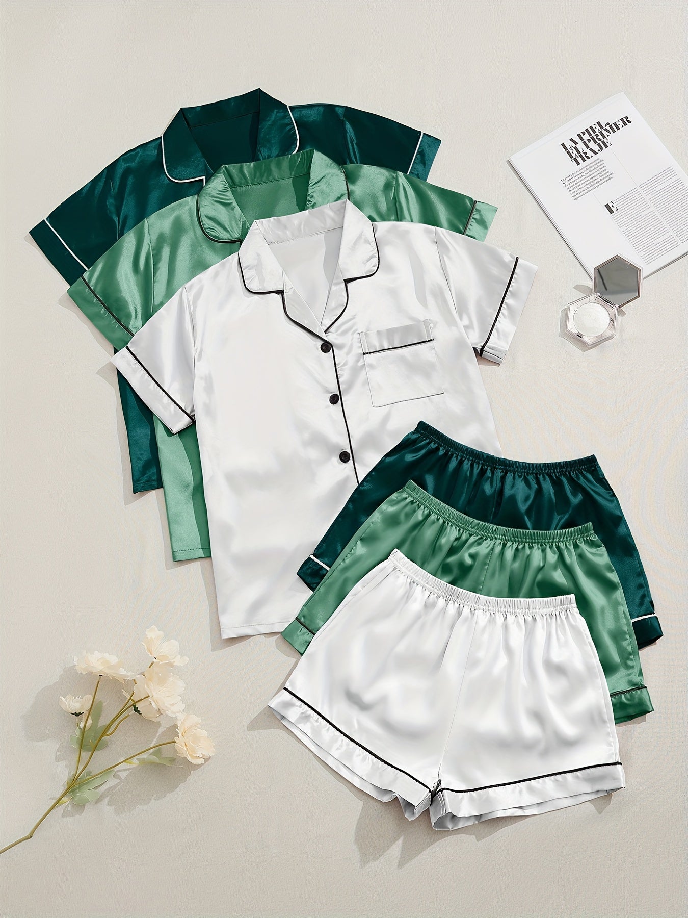 [Three Suits] Multicolor Variety of Short-sleeved Shorts Solid Color Imitation Y Satin PJ Set Women's Two-piece Suit