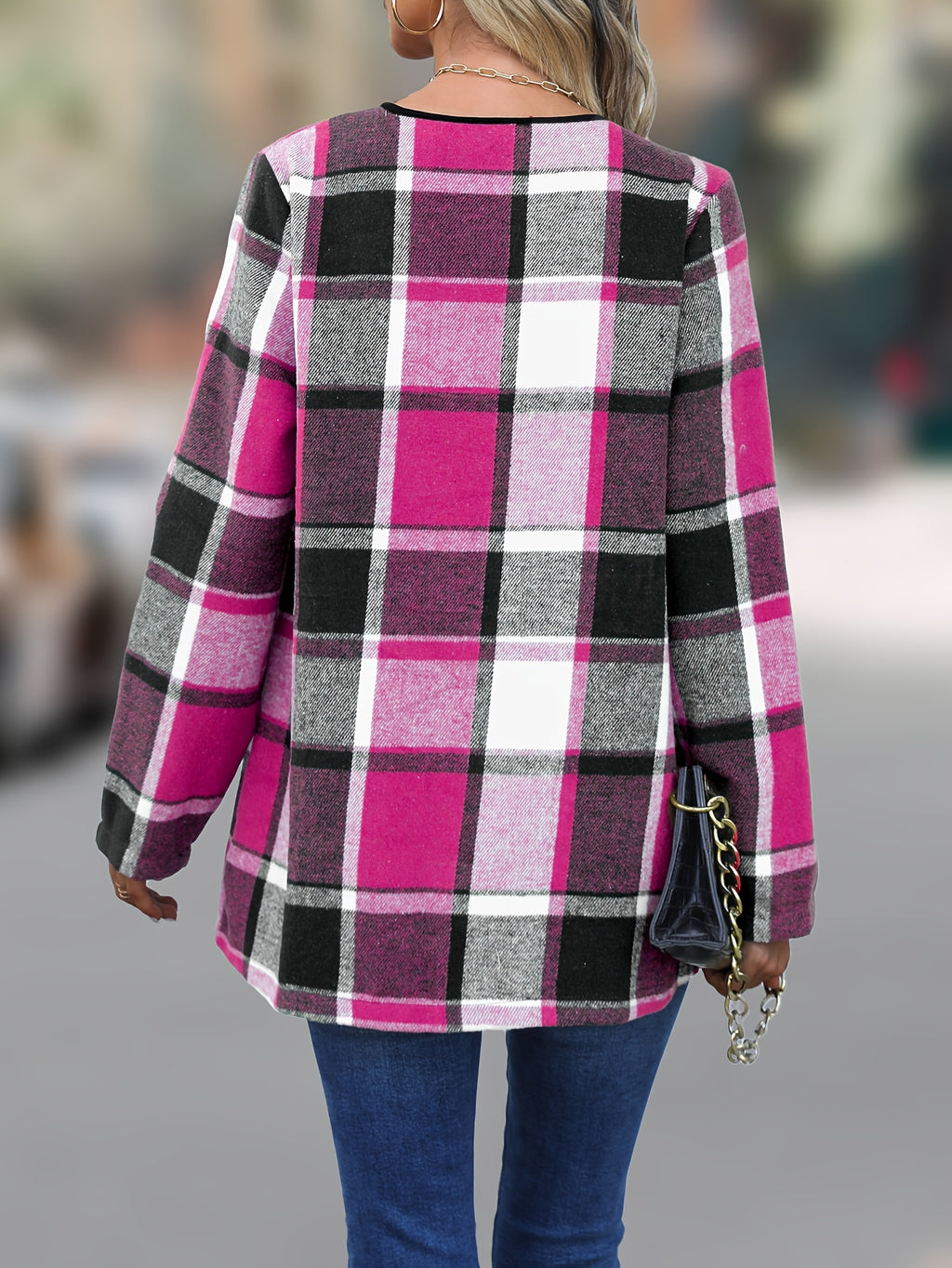 Women'S Cozy Khaki Plaid Trench Coat - Long Sleeve, Button-Up, Loose Fit, Warm Fall & Winter Outerwear with Black & White Checkered Pattern, Perfect for Casual or Stylish Outfits, Casual Winter Wear | Checkered Pattern Coat |