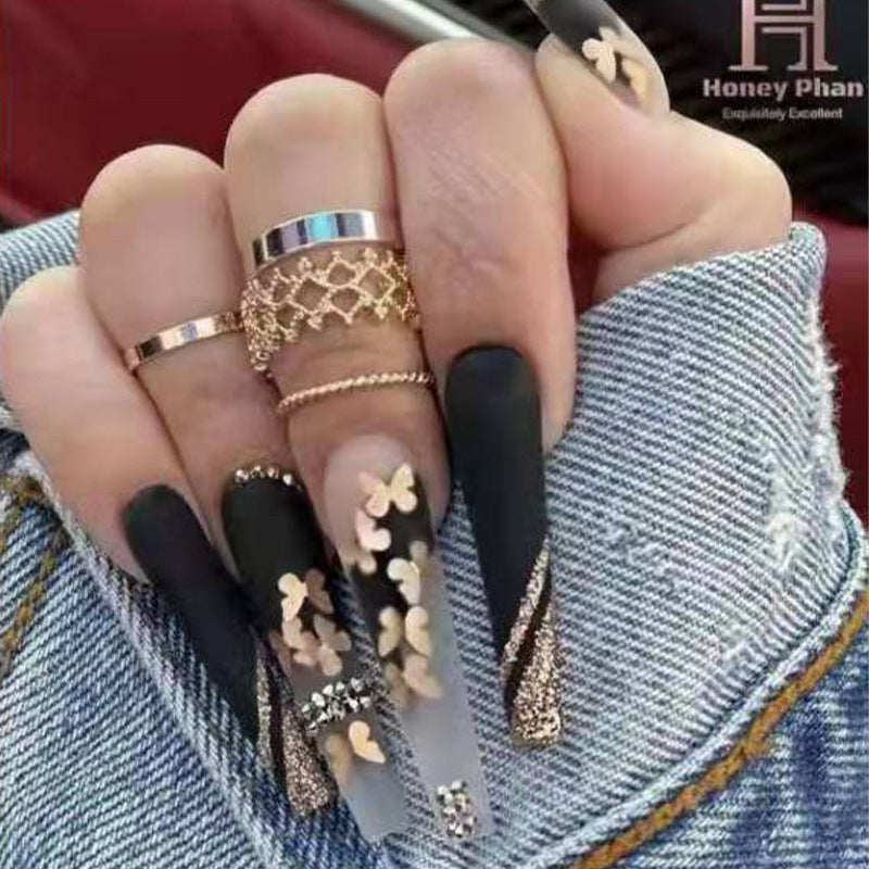 Lirches 24pcs Press-On Nails, Hot Golden Butterfly Fake Nails, Pre-made Matte Golden Glitter Wearable Nail Tips, Light Luxury Rhinestone Style, Instagram-Inspired Manicure Nail Stickers, Includes Jelly Glue + Nail File