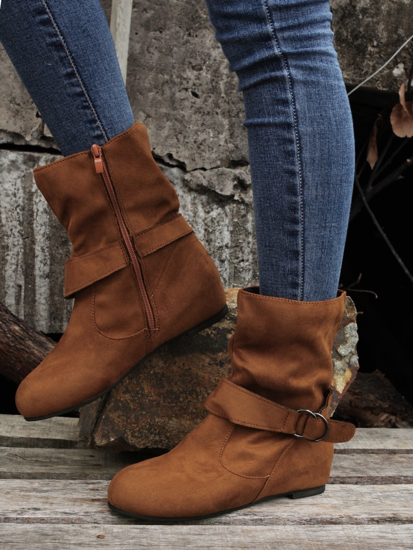 1.18inch Inner Height Increase Women's Short Boots with Flat Sole, Buckle Closure, Comfortable, Warm, and Lightweight, Women Shoes