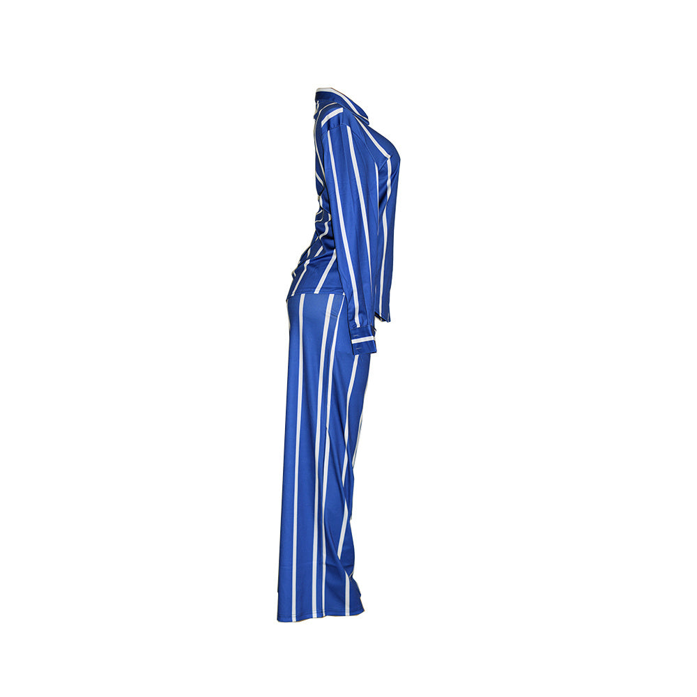Striped Print Two-piece Set, Button Front Collar Long Sleeve Shirt & High Waist Wide Leg Loose Pants Set, Women's Clothing