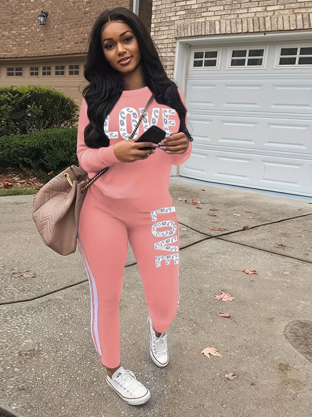 Women's Sports Two-piece Set, Love Letter Print Long Sleeve Top & Pants For Fall & Winter, Women's Clothing