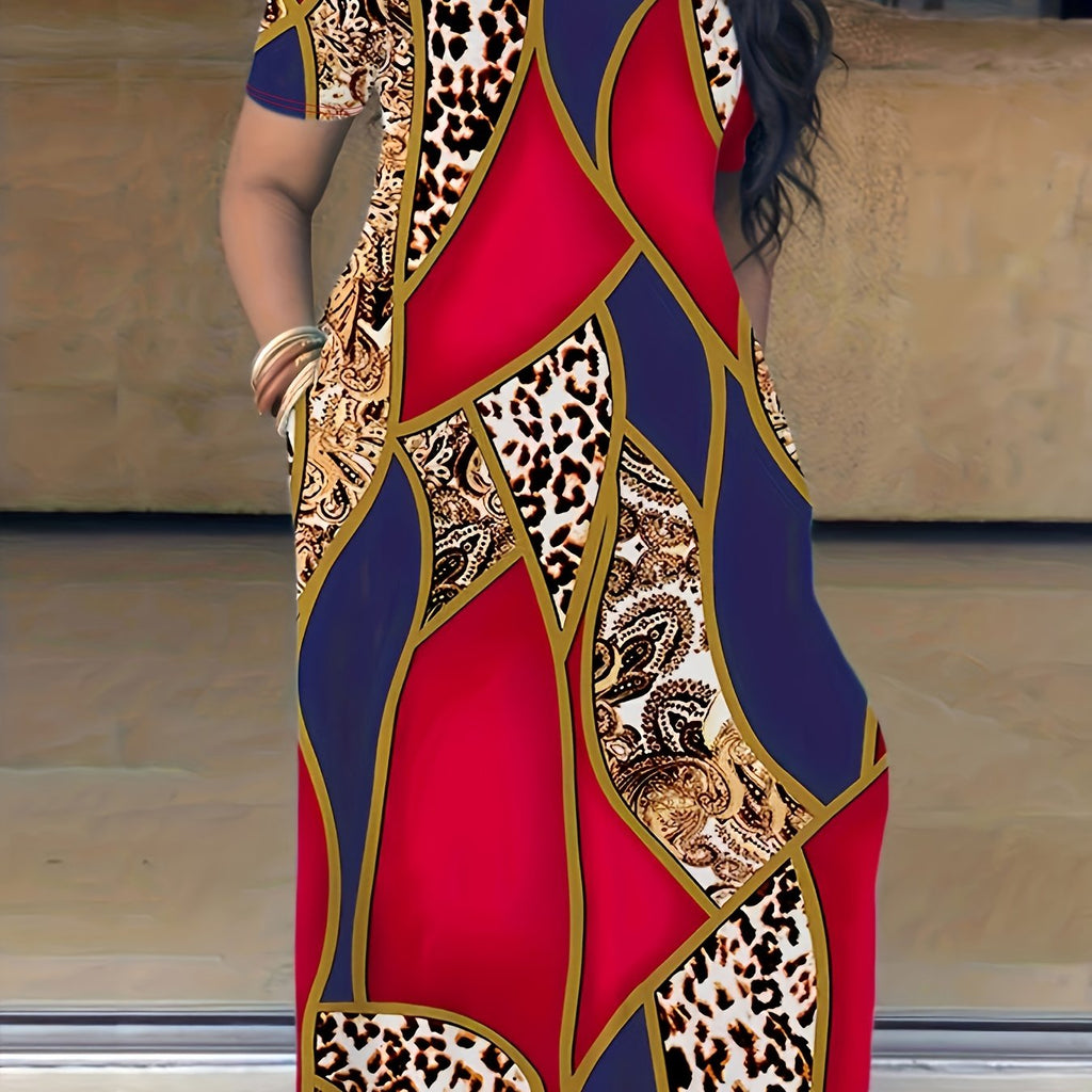 Plus Size Maxi Dress with Pocket, Women's Plus Tie Dye Print Short Sleeve Elegant Medium Stretch Long Dress