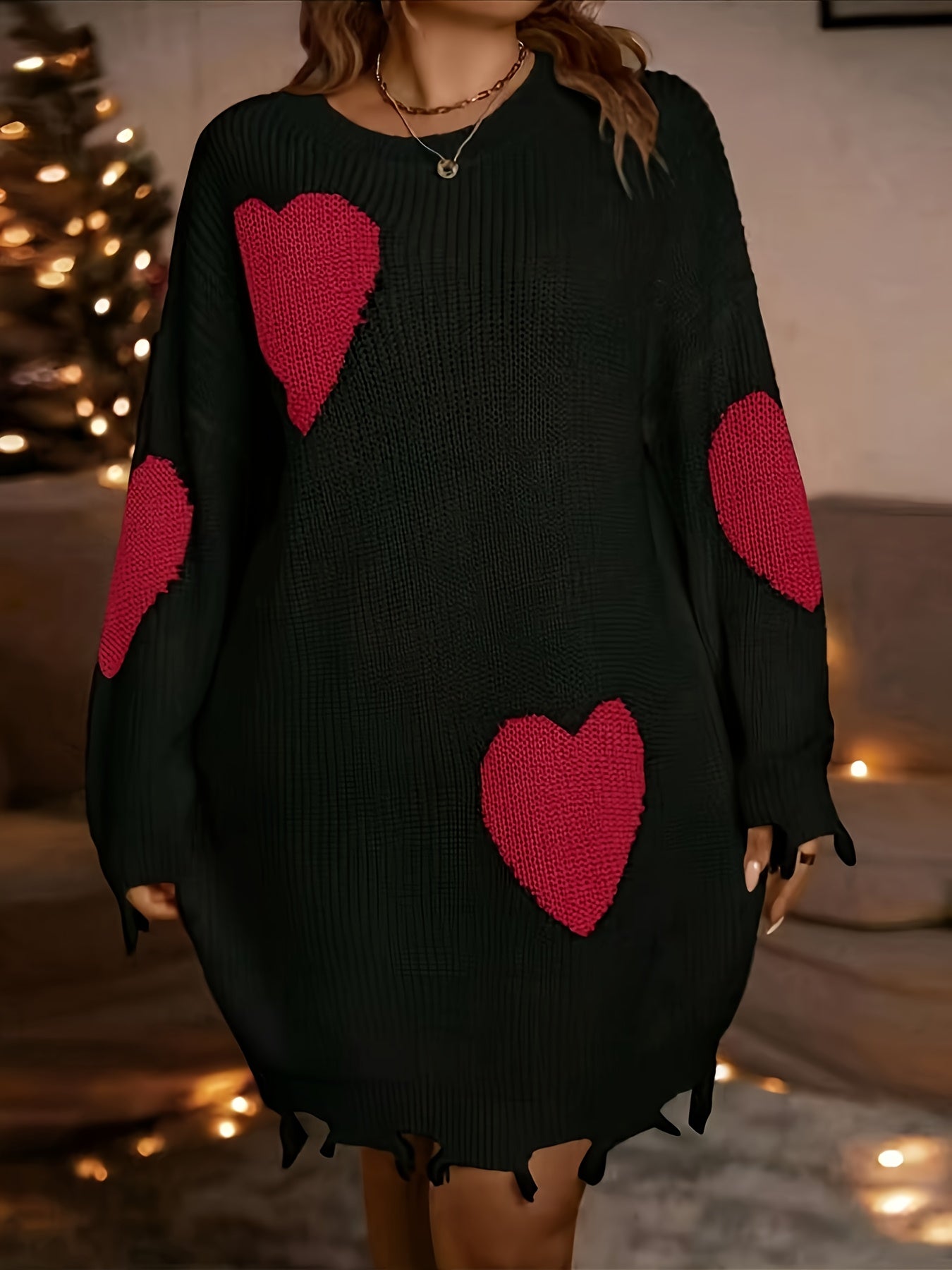 Plus Size - Plus Size - Plus Size, Women'S Elegant Sweaterdress - Longline A-Line skirt, Black Heart Accent, Plus Size Friendly, All-Season Casual & Formal Outfits - Valentine'S Day Party Everyday Chic Outfit, Versatile Wardr