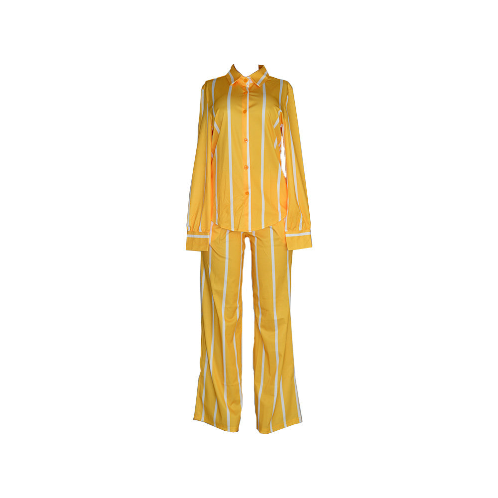 Striped Print Two-piece Set, Button Front Collar Long Sleeve Shirt & High Waist Wide Leg Loose Pants Set, Women's Clothing
