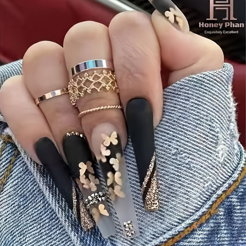 Lirches 24pcs Press-On Nails, Hot Golden Butterfly Fake Nails, Pre-made Matte Golden Glitter Wearable Nail Tips, Light Luxury Rhinestone Style, Instagram-Inspired Manicure Nail Stickers, Includes Jelly Glue + Nail File