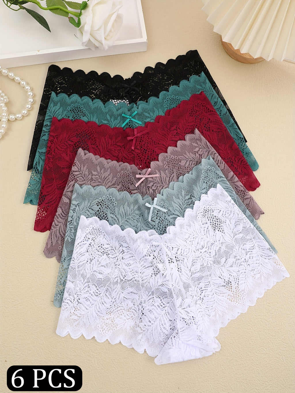 6pcs Set Sexy Contrast Lace Semi-Transparent Women's Flat Leg Panties