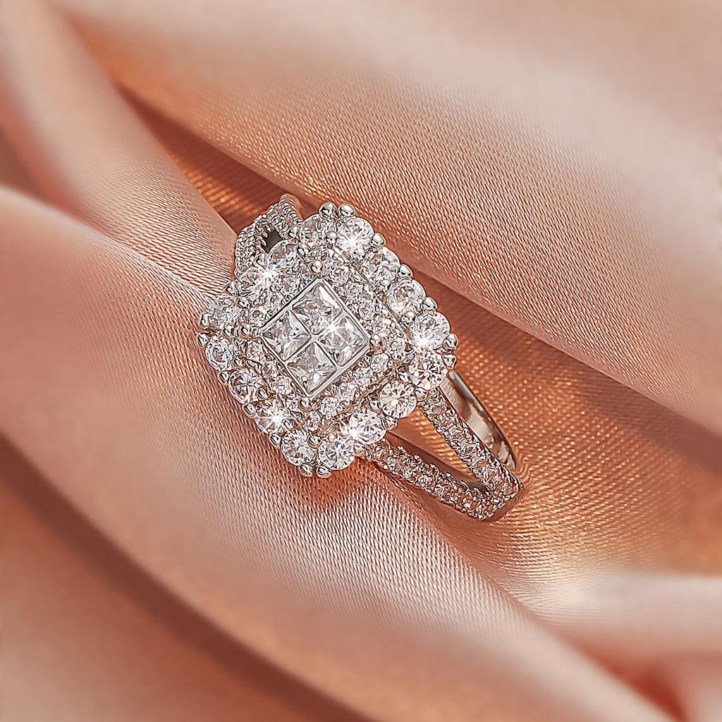 [Large Multi Row Rings] White Synthetic Zirconia Large Multi Row Rings | Stylish Couples Jewelry, Wedding Gifts, Holiday Accessories, Elegant Plated Luxury Statement Rings