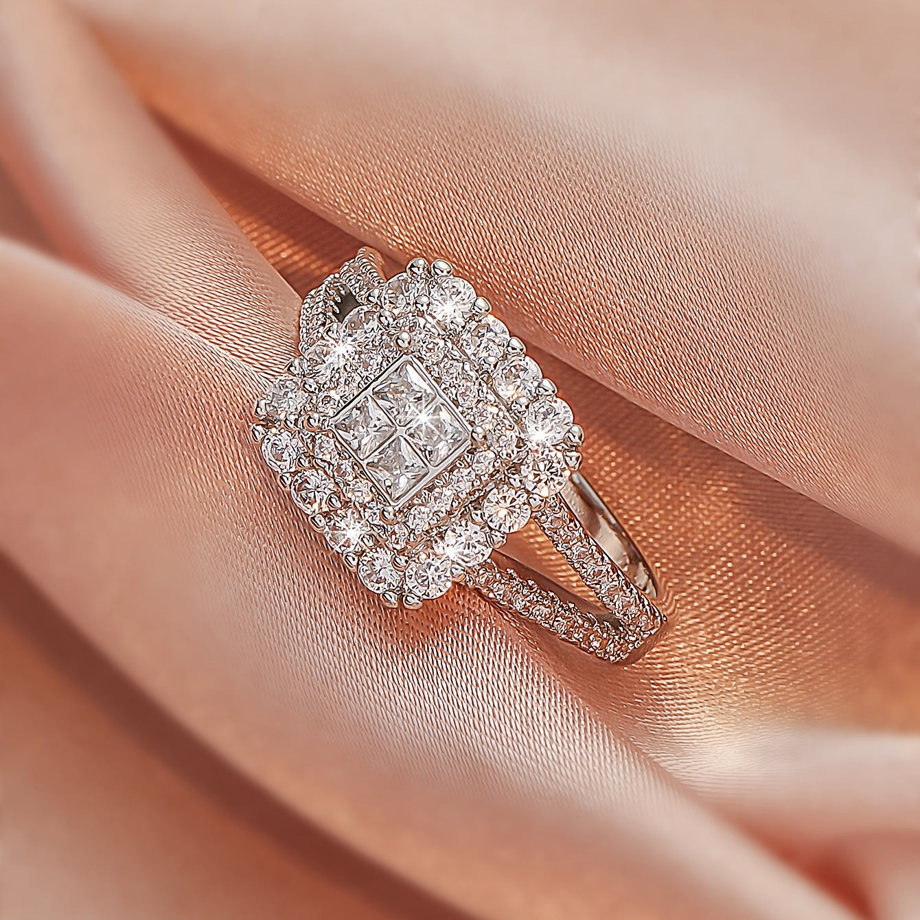 [Large Multi Row Rings] White Synthetic Zirconia Large Multi Row Rings | Stylish Couples Jewelry, Wedding Gifts, Holiday Accessories, Elegant Plated Luxury Statement Rings