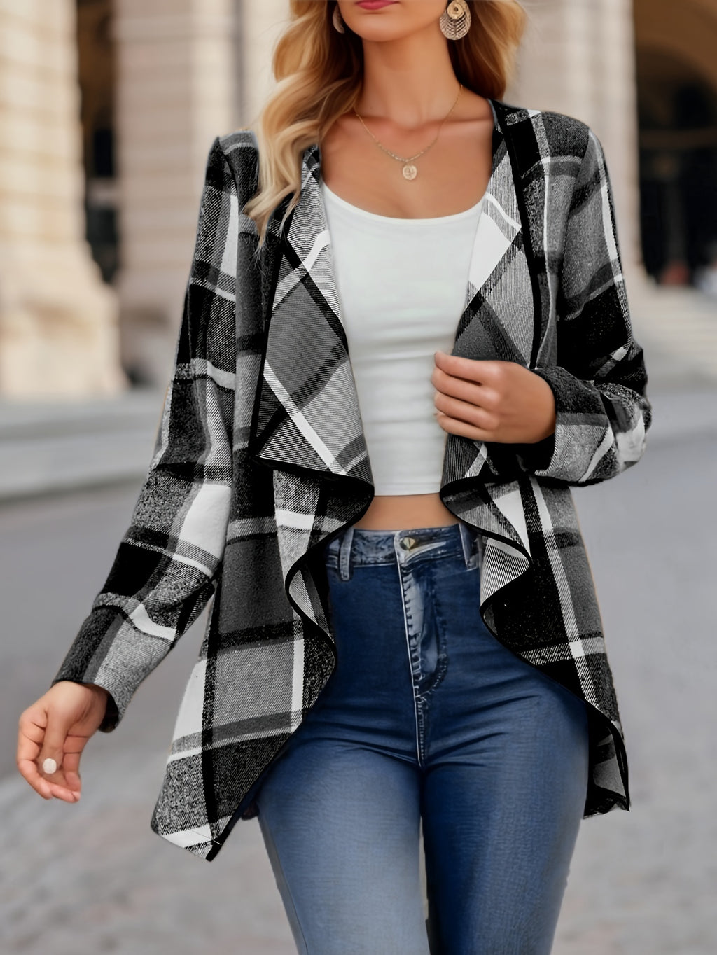 Women'S Cozy Khaki Plaid Trench Coat - Long Sleeve, Button-Up, Loose Fit, Warm Fall & Winter Outerwear with Black & White Checkered Pattern, Perfect for Casual or Stylish Outfits, Casual Winter Wear | Checkered Pattern Coat |