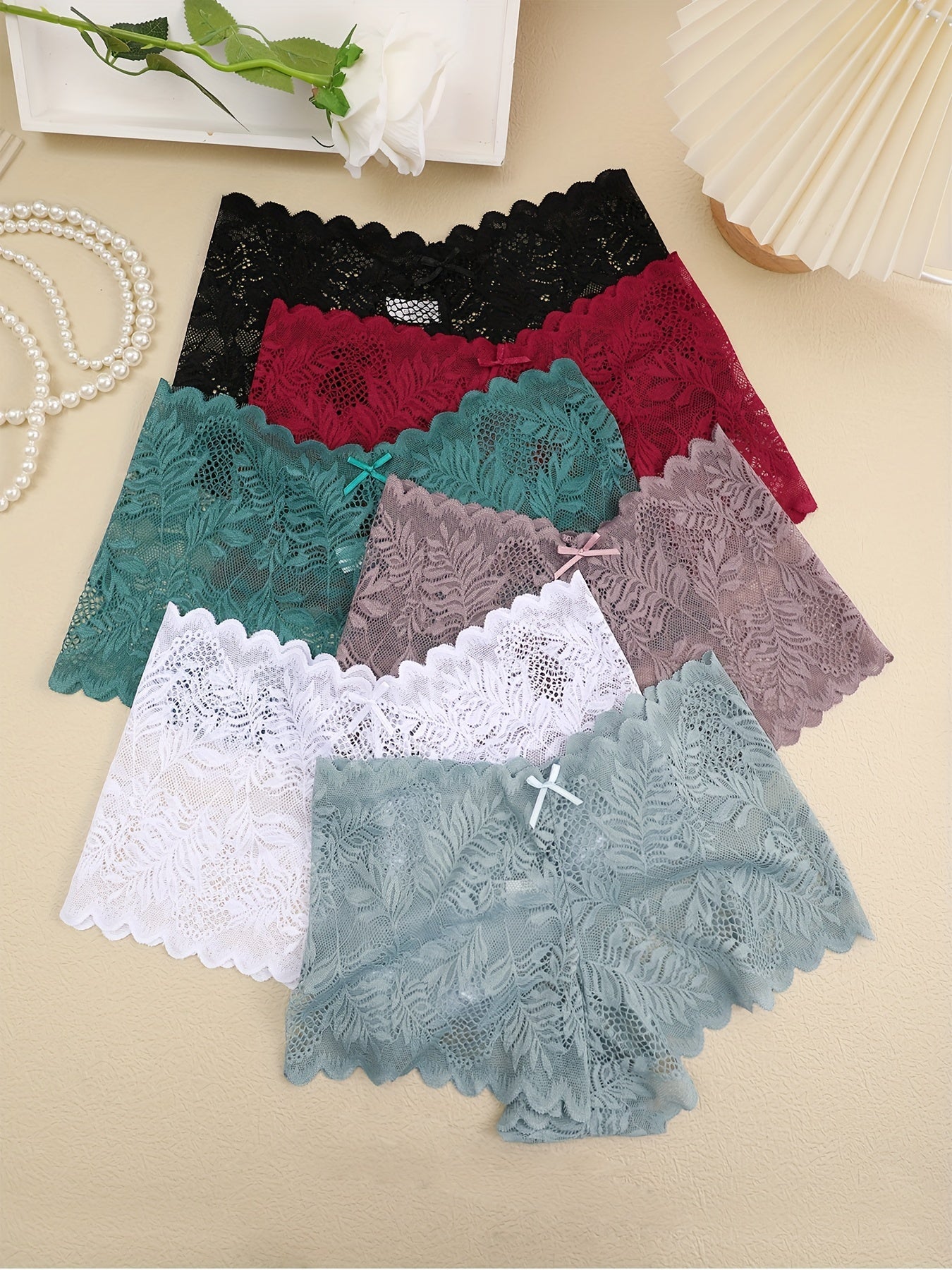 6pcs Set Sexy Contrast Lace Semi-Transparent Women's Flat Leg Panties