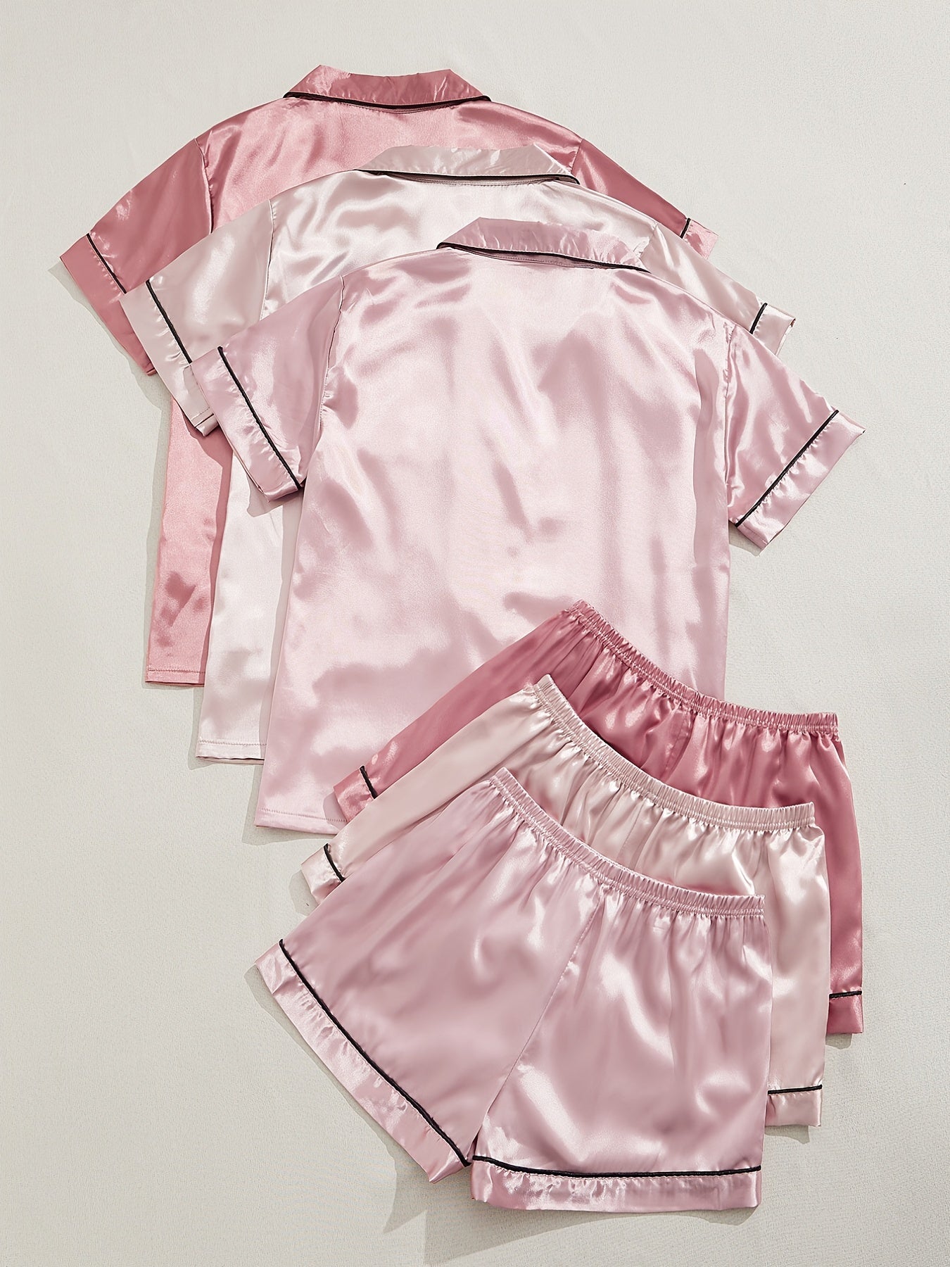 [Three Suits] Multicolor Variety of Short-sleeved Shorts Solid Color Imitation Y Satin PJ Set Women's Two-piece Suit