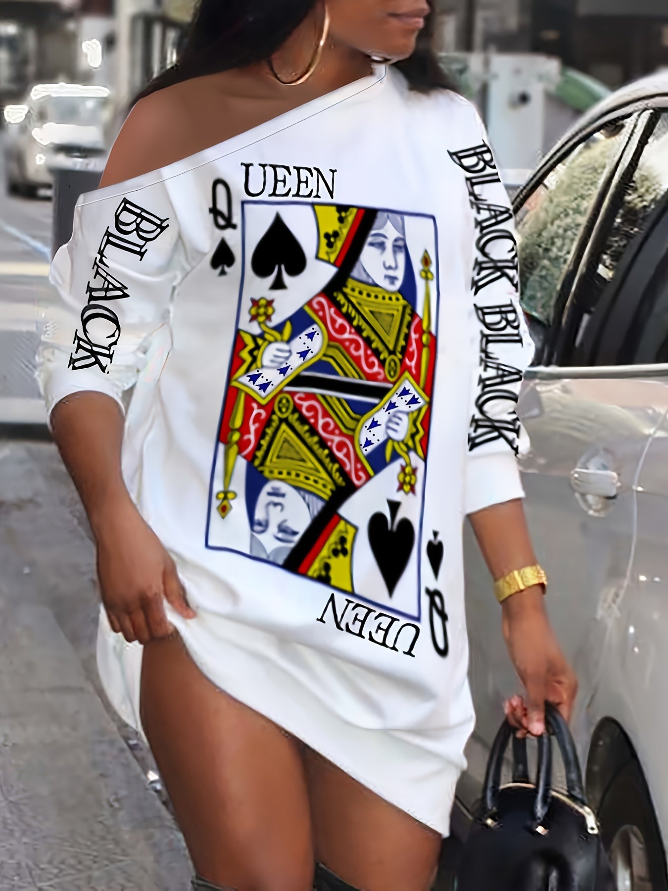 Queens Gambit - Slant Shoulder Poker Print Long Sleeve Dress - Fashionable Casual Style for Autumn & Spring - Womens Clothing Wardrobe Staple