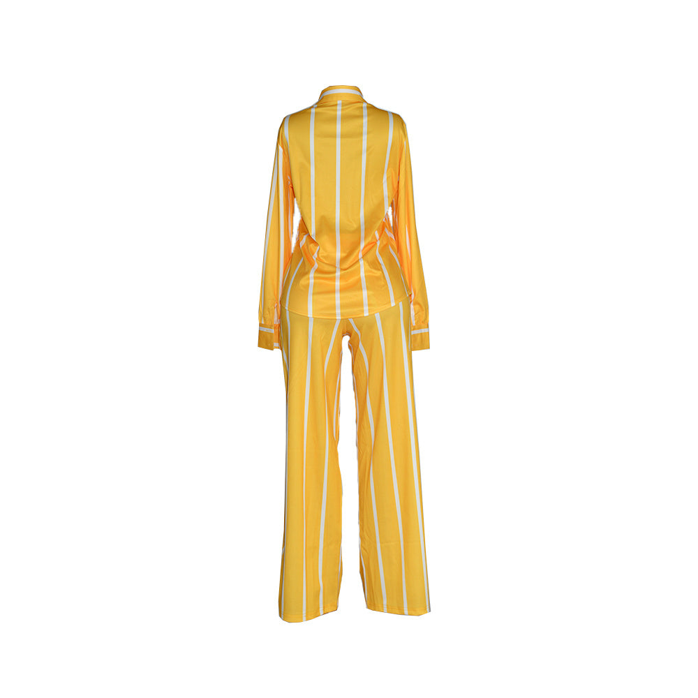 Striped Print Two-piece Set, Button Front Collar Long Sleeve Shirt & High Waist Wide Leg Loose Pants Set, Women's Clothing