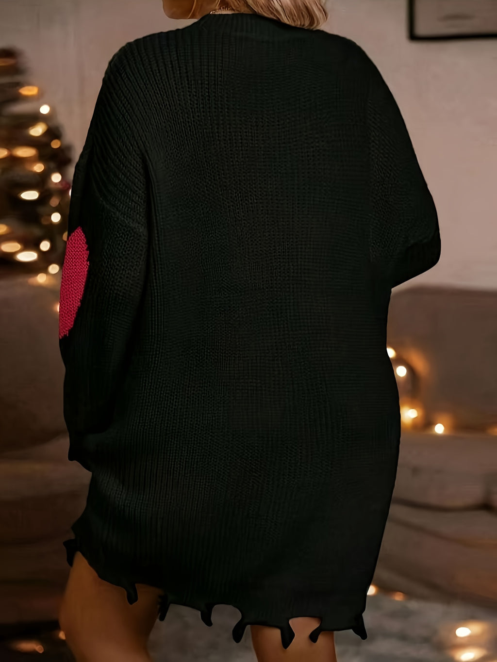 Plus Size - Plus Size - Plus Size, Women'S Elegant Sweaterdress - Longline A-Line skirt, Black Heart Accent, Plus Size Friendly, All-Season Casual & Formal Outfits - Valentine'S Day Party Everyday Chic Outfit, Versatile Wardr