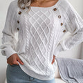 Autumn/Winter European and American Casual Solid Color Square Neck Button Twist Long Sleeve Pullover Sweater
