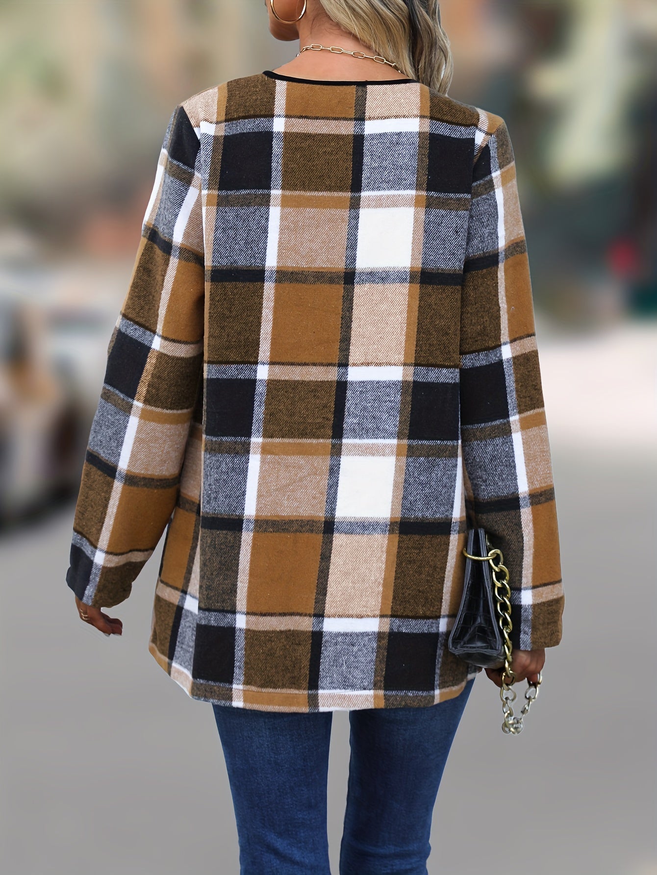 Women'S Cozy Khaki Plaid Trench Coat - Long Sleeve, Button-Up, Loose Fit, Warm Fall & Winter Outerwear with Black & White Checkered Pattern, Perfect for Casual or Stylish Outfits, Casual Winter Wear | Checkered Pattern Coat |