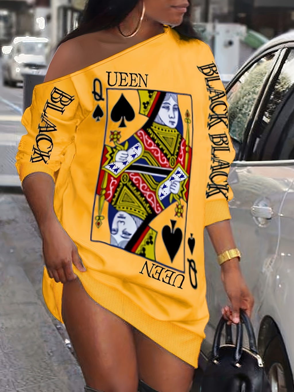 Queens Gambit - Slant Shoulder Poker Print Long Sleeve Dress - Fashionable Casual Style for Autumn & Spring - Womens Clothing Wardrobe Staple