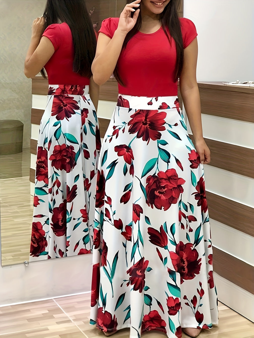 [Floral Midi Dress] Elegant Red Floral Print Women's Plus Size Midi Dress | Medium Stretch Polyester Fabric, Short Sleeves, Crew Neck - Perfect for All Seasons