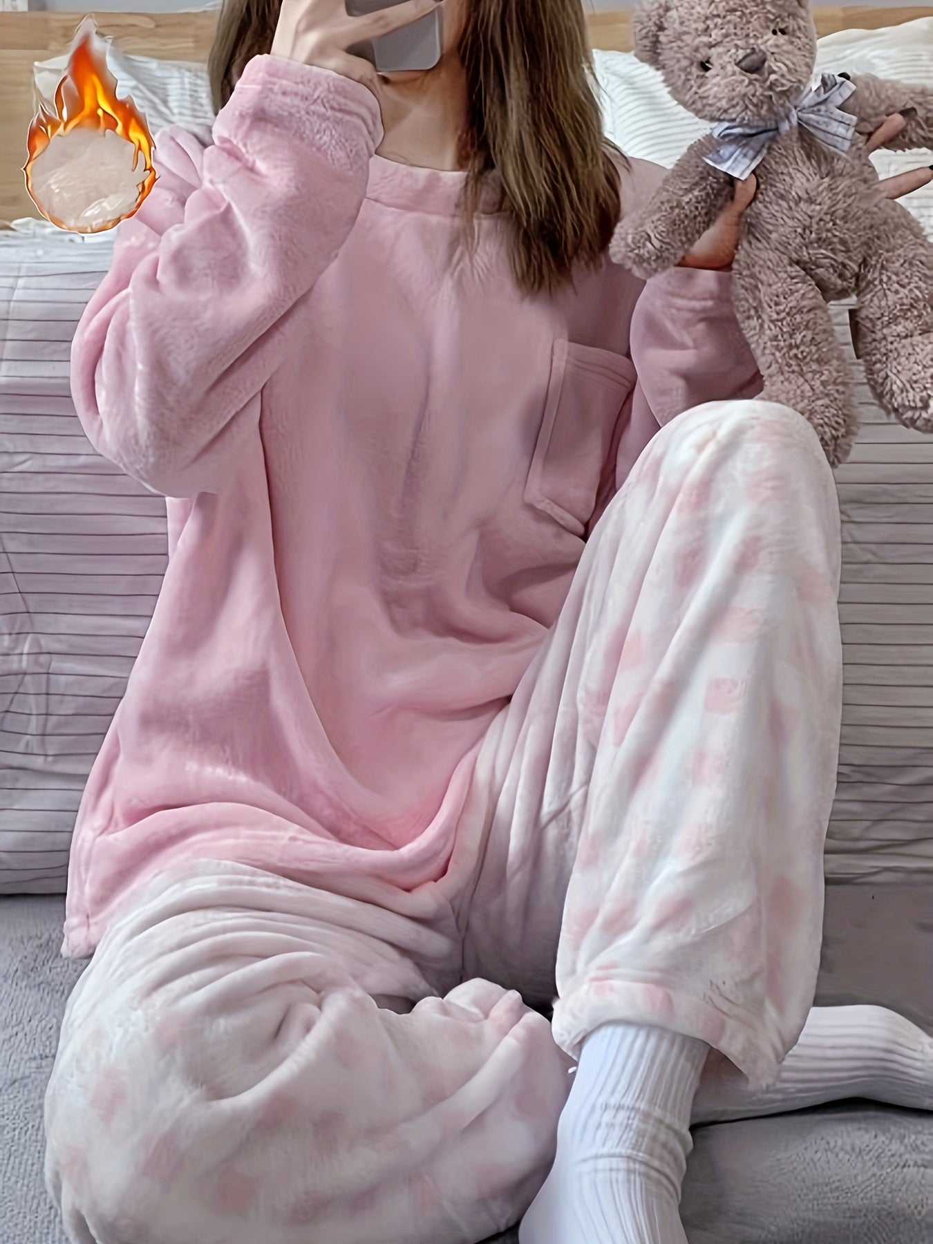 Winter Warm Velvet Pajama Set, Plaid Pattern Pajama, Solid Color Casual Home Wear Set