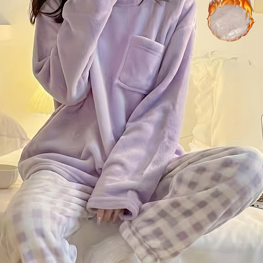 Winter Warm Velvet Pajama Set, Plaid Pattern Pajama, Solid Color Casual Home Wear Set