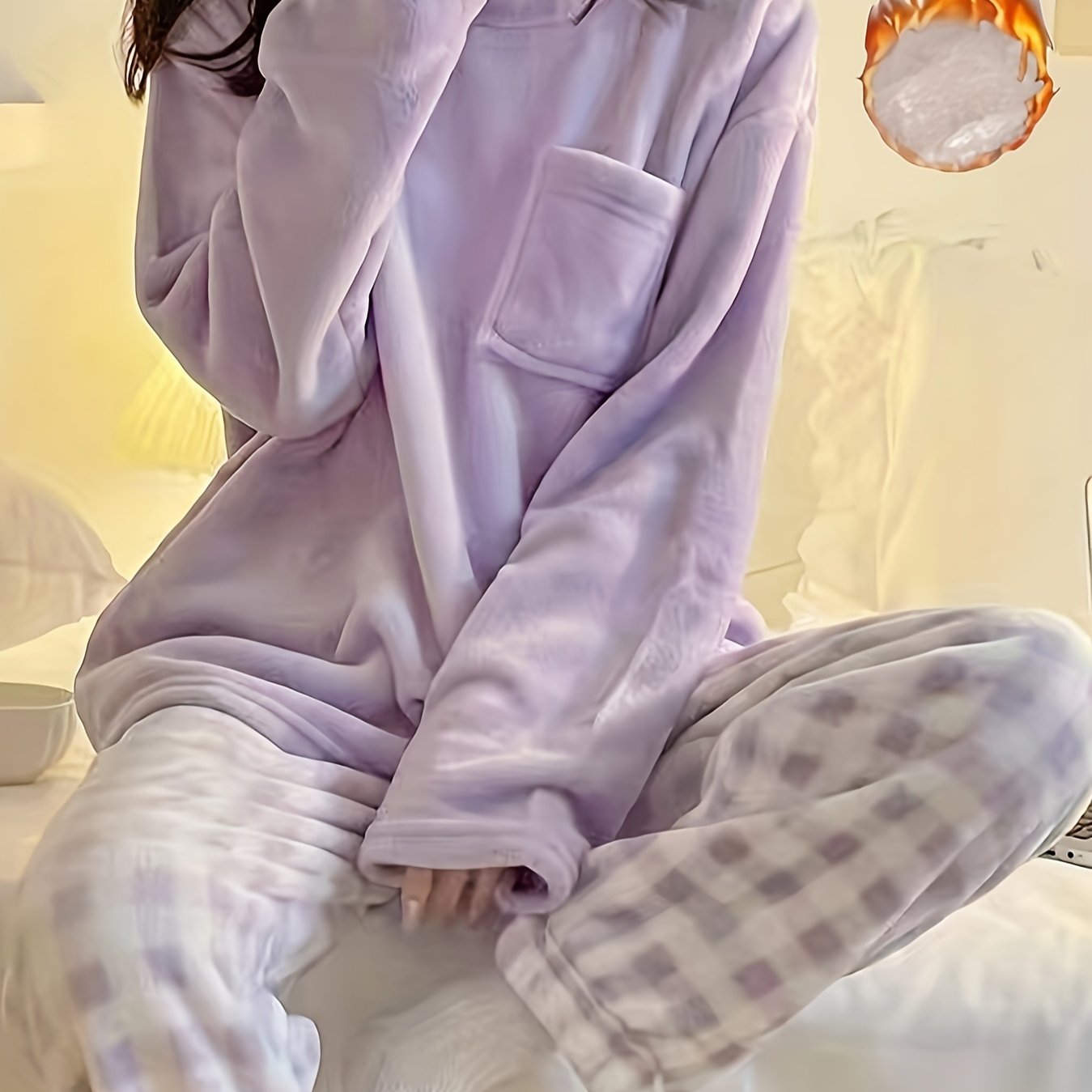 Winter Warm Velvet Pajama Set, Plaid Pattern Pajama, Solid Color Casual Home Wear Set